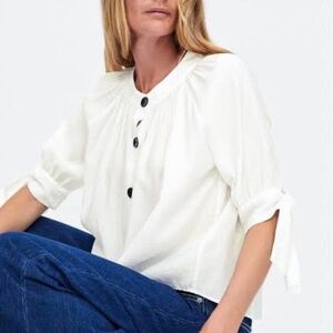 Zara Woman Button Front Short 3/4 Tie Sleeve Swing Top Shirt Button Up Round Hem